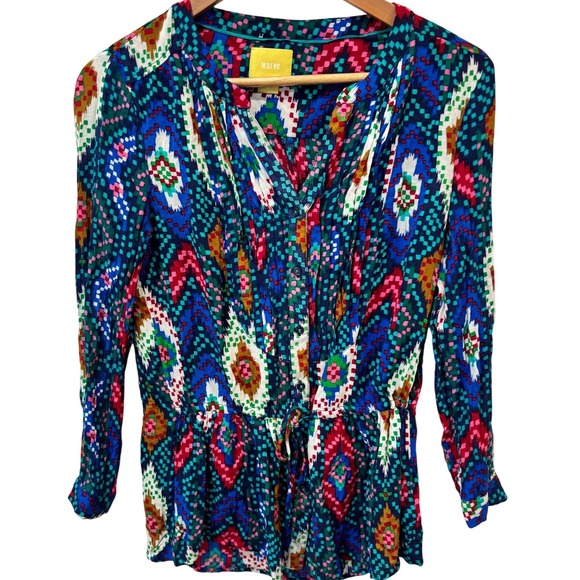 Anthropologie Tops - Anthropologie Mauve Womens Size 2 Multicolor Ikat Geometric Button Down Blouse